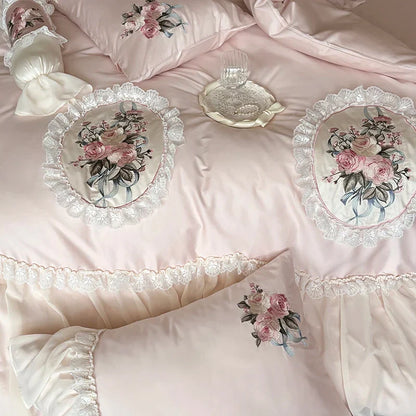 Decobites Pink Flowers Lace Ruffles Wedding Bedding Set 1000TC Egyptian Cotton Décor