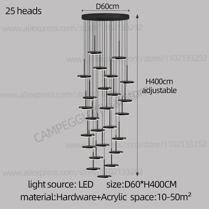 DecorBites™ Golden Black LED Long Chandelier for Home, Restaurant, and Cafe