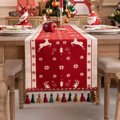 DecorBites™ Christmas Cartoon Jacquard Table Runner with Embroidered Tassel - Festive Dining Room Decor