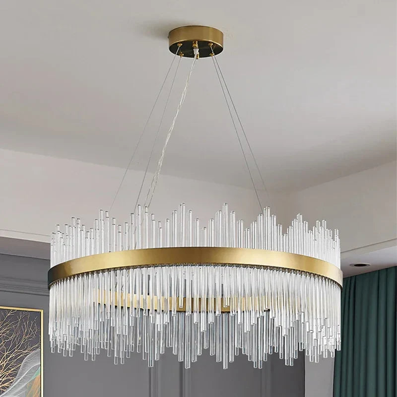 DecorBites™ Gold LED Circle Crystal Chandelier: Elegant Home Pendant Lighting for Living Room, Bedroom, Kitchen