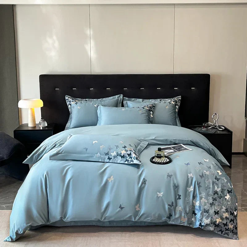 DecorBites™ Butterflies Embroidery Bedding Set - King Queen Ru Size Bed Linens Sheet Pillowcase Comforter Cover Set