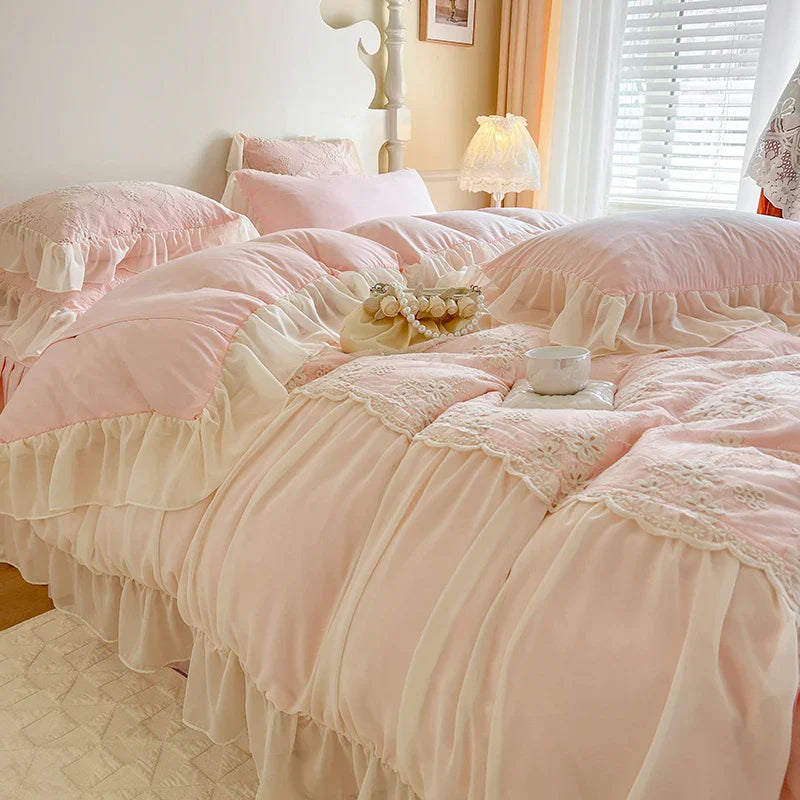 Decobites Pink Chiffon Lace Ruffles French Princess Bedding Set - 6-Piece Queen Size