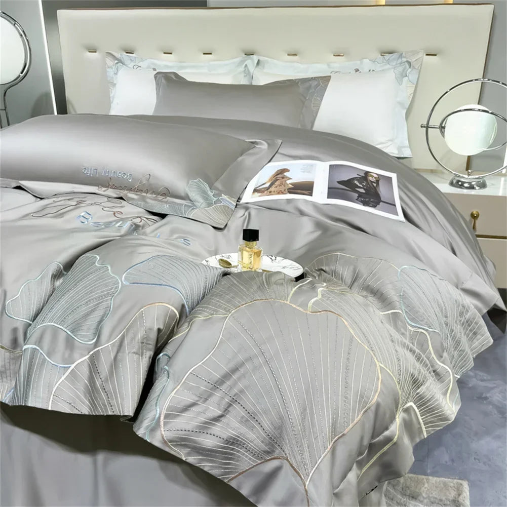 DecorBites™ 1200TC Embroidery Egyptian Cotton Bedding Set 4pcs King Queen Solid Sheet Duvet Cover