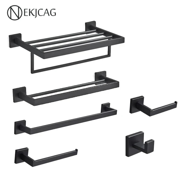 مجموعة حمام ديكوربايتس™ السوداء: حامل مناشف، حامل ورق، قضيب ذهبي، خطاف رداء - إكسسوارات من الفولاذ المقاوم للصدأ