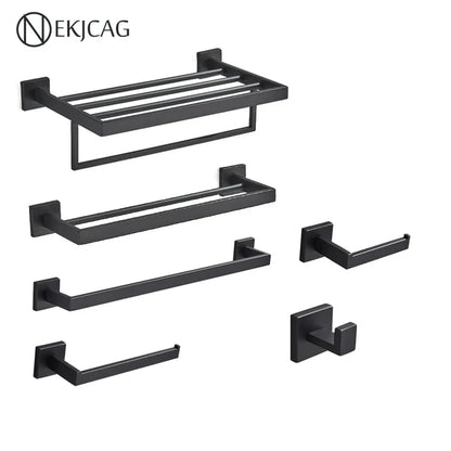 مجموعة حمام ديكوربايتس™ السوداء: حامل مناشف، حامل ورق، قضيب ذهبي، خطاف رداء - إكسسوارات من الفولاذ المقاوم للصدأ