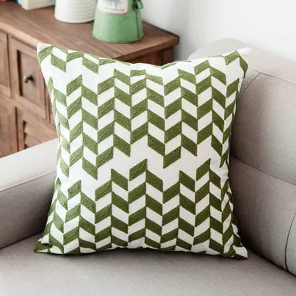 DecorBites™ Green Geometric Canvas Cotton Embroidered Cushion Cover 45x45cm