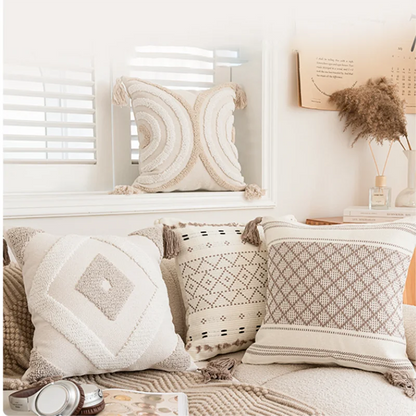 Funda de cojín DecorBites™ geométrica con mechones en beige y gris, estilo nórdico para decoración moderna