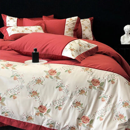 Decobites Luxury Rose Flowers Embroidery Bedding Set in Red