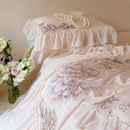 Decobites Pink Flowers Lace Ruffles Princess Bedding Set, 1200TC Egyptian Cotton Duvet Cover