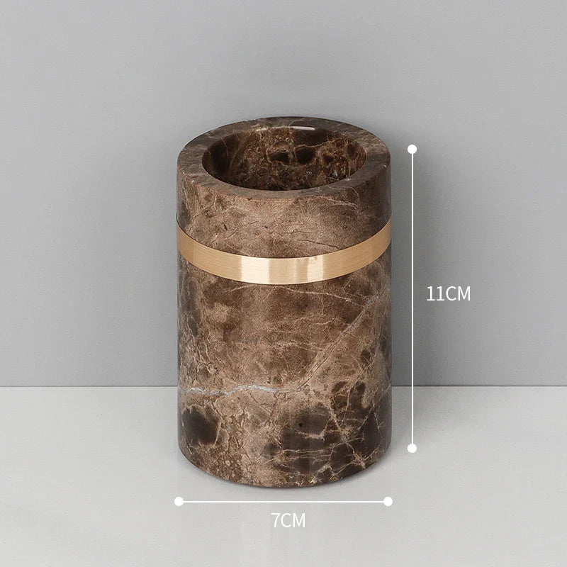 DecorBites™ Emperador Dark Marble Bathroom Set: Toothbrush Holder, Soap Dispenser, Luxury Accessories