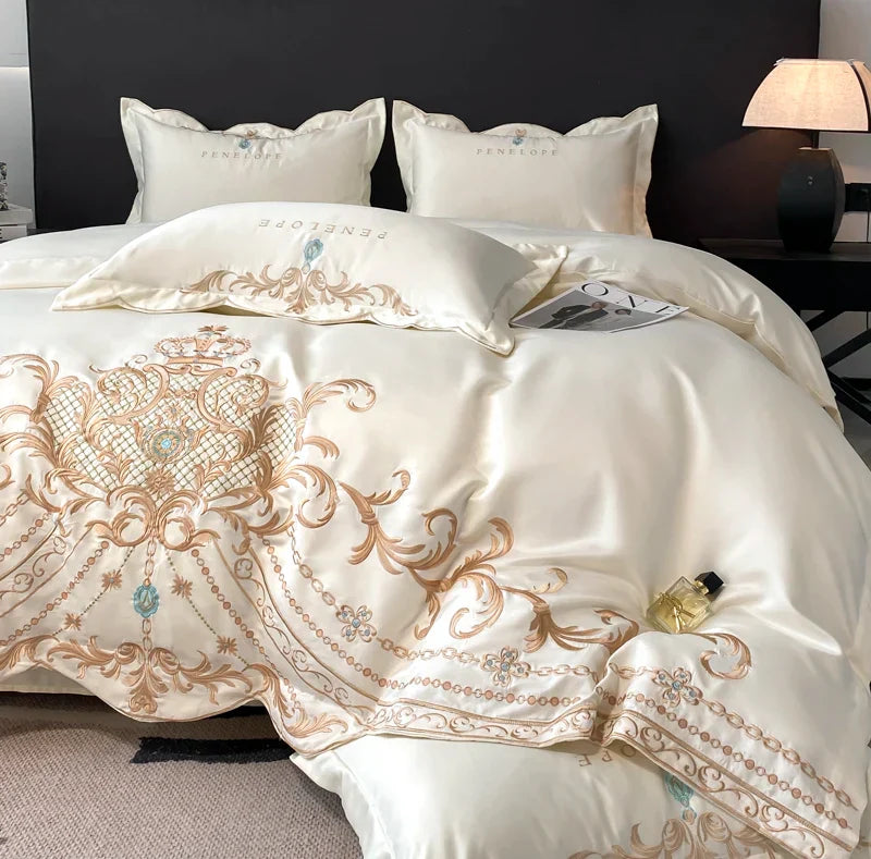 Decobites White Gold Embroidery Satin Cotton Bedding Set with Pillowcases & Flat Sheet