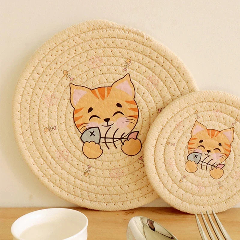 Posavasos redondo tejido con estampado de gato DecorBites™, mantel individual, aislante térmico para mesas