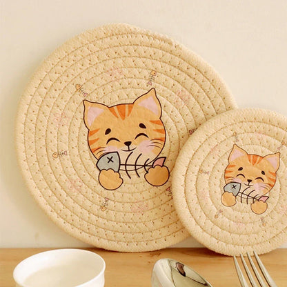 Posavasos redondo tejido con estampado de gato DecorBites™, mantel individual, aislante térmico para mesas