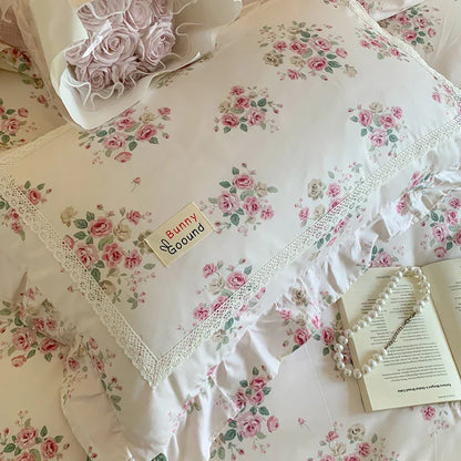 Decobites Princess Pastoral Cotton Bedding Set with Lace Ruffles & Floral Design