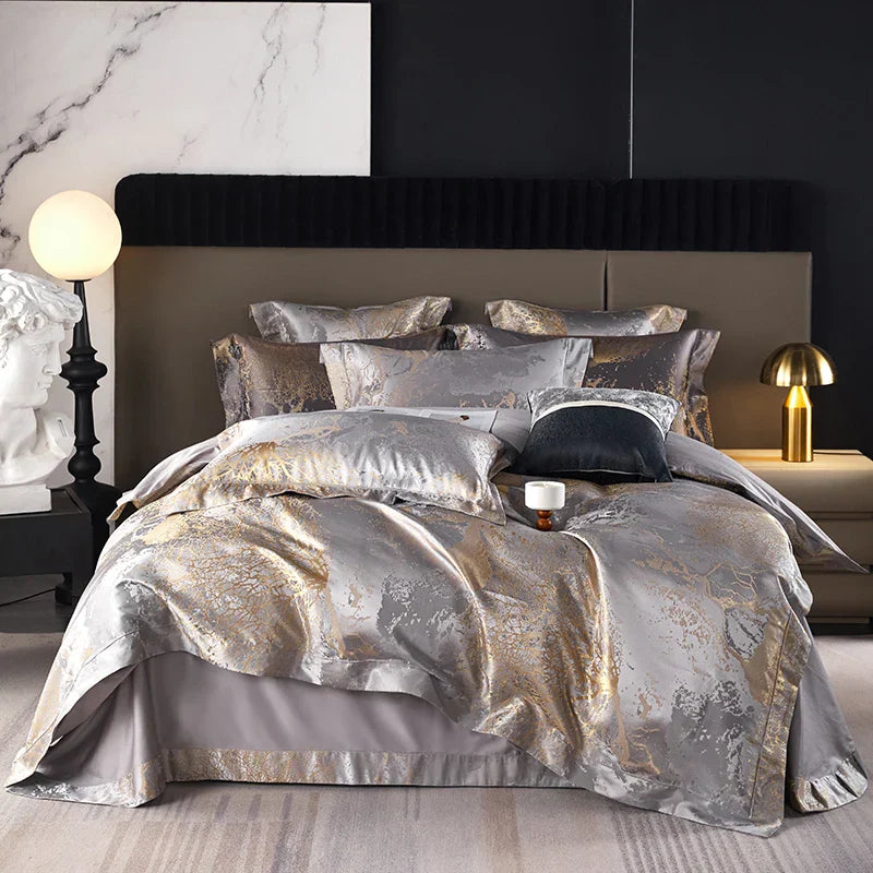 Decobites Silver Gray Satin Jacquard 1000TC Egyptian Cotton Bedding Set, Queen King Size