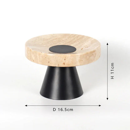 DecorBites™ Beige Travertine Marble Tray on Metal Base - Vintage Round Serving Stand