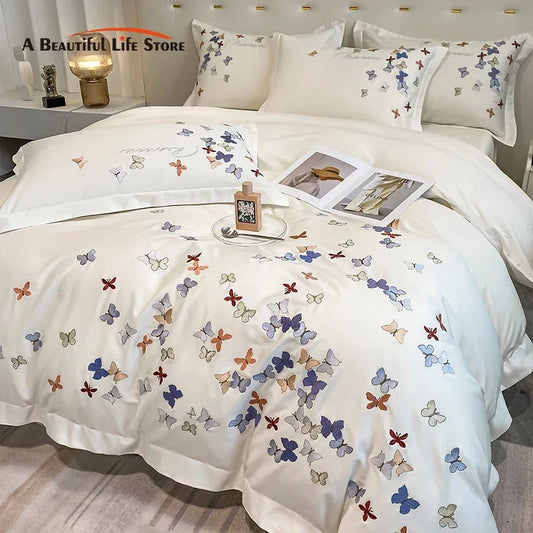 DecorBites™ Butterfly Embroidery Cotton Luxury Bedding Set - 4Pcs