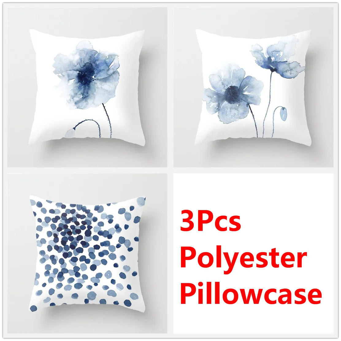مجموعة أغطية وسائد DecorBites™‎ بنقشة زهور الحبر الأزرق - طقم ثلاثي من أغطية الوسائد للأريكة على الطراز الشمالي لتزيين المنزل