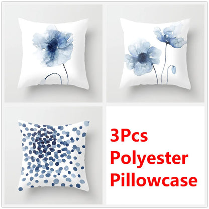 مجموعة أغطية وسائد DecorBites™‎ بنقشة زهور الحبر الأزرق - طقم ثلاثي من أغطية الوسائد للأريكة على الطراز الشمالي لتزيين المنزل