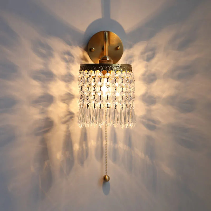 DecorBites™ Crystal LED Wall Sconce Pull Chain Switch Brass Mirror Light
