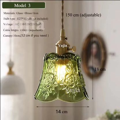 Vintage Green Glass Pendant Light With Brass Finish