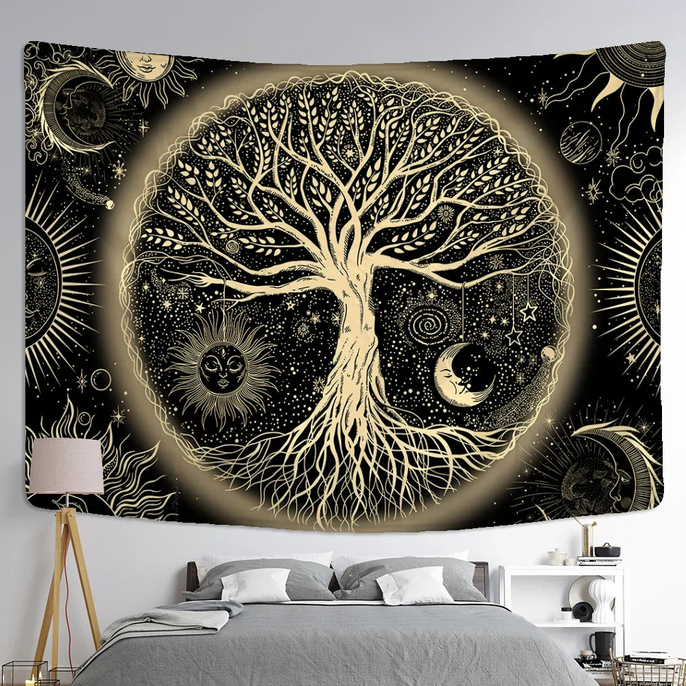 Yellow Sun Moon Life Tree Tapestry Wall Hanging Decobites Abstract Bohemian Aesthetics Home Decor