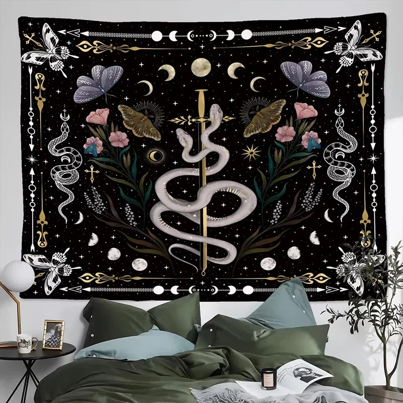 Decobites Snake Moon Phase Stars Butterfly Night Psychedelic Mystery Tapestry