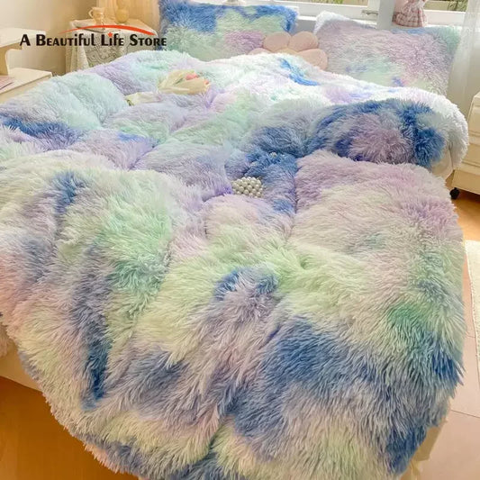 Decobites Shaggy Faux Rabbit Fur Bedding Set: Cozy Gradient Coral Fleece Quilt, Duvet Cover, Pillowcases