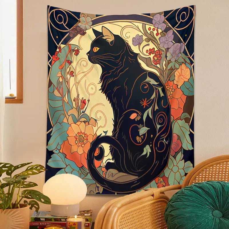 Decobites Black Cat Tapestry Wall Hanging - Psychedelic Floral Art for Cat Lovers