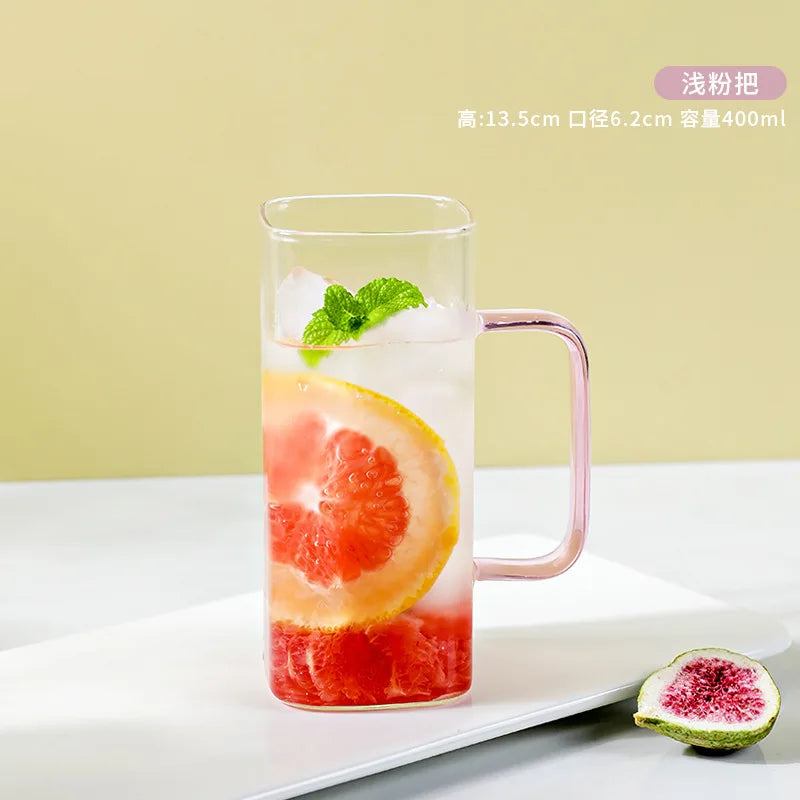 Decorbites™ Glas-Trinkbecher mit Trinkhalm und Acryl-Deckel, farbiger Griff für Getränke