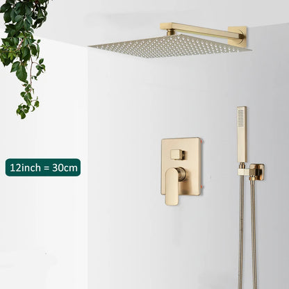Quyanre Brushed Gold Shower Faucets Set Bathroom Wall Mounted Shower System Embedded Box Shower Mixer Tap Rainfall Shower Faucet
