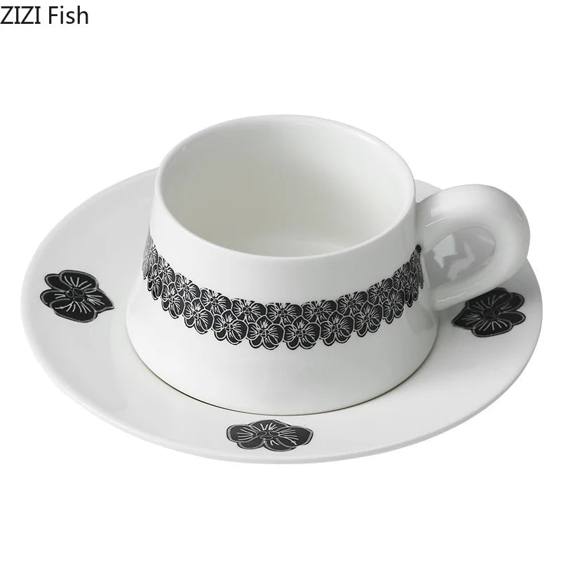 DecorBites™ Black Flower Porcelain Cup & Saucer Set, Elegant Coffee Mug for Dining & Afternoon Tea