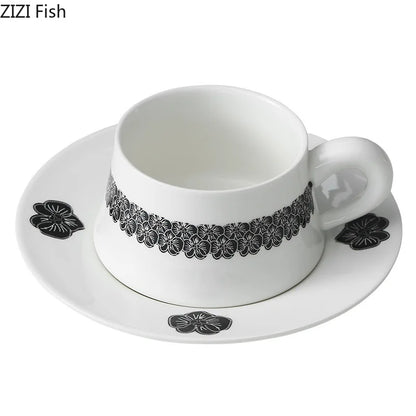 DecorBites™ Black Flower Porcelain Cup & Saucer Set, Elegant Coffee Mug for Dining & Afternoon Tea