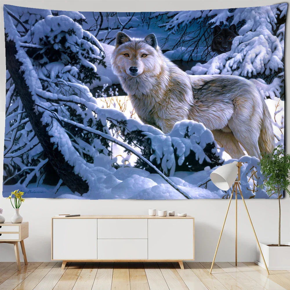 Decobites White Wolf Tapestry Wall Hanging - Mystical Home Decor