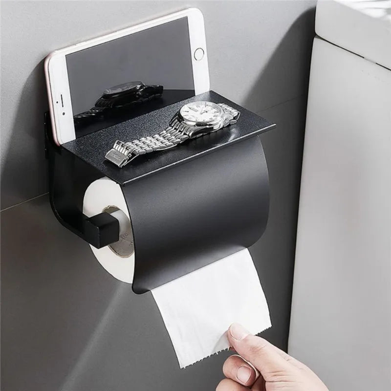 DecorBites™ Black Toilet Paper Holder with Silver Phone Storage Shelf