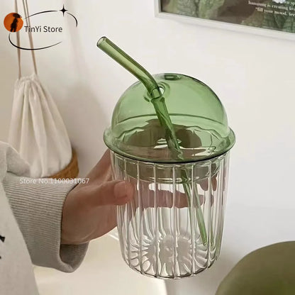 DecorBites™ 450ml Striped Glass Cup with Lid and Straw, Ideal for Coffee, Juice, Milk, or Tea