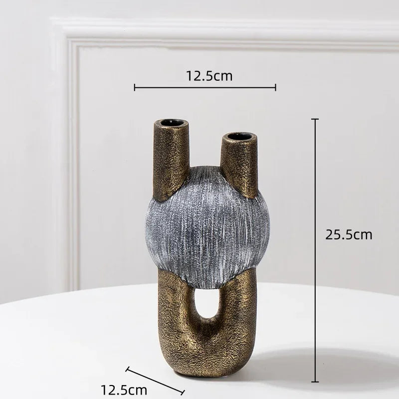 DecorBites™ Golden Stripe Geometric Ceramic Vase - Abstract Floral Arrangement Home Decor