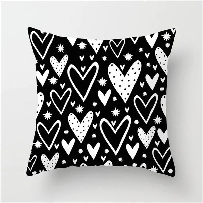 DecorBites™ Heart Stripe Pillow Cases | Black & White Polyester Cushion Covers