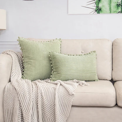 Funda de cojín DecorBites™ color beige a rayas con detalle de pompón, funda de almohada lumbar