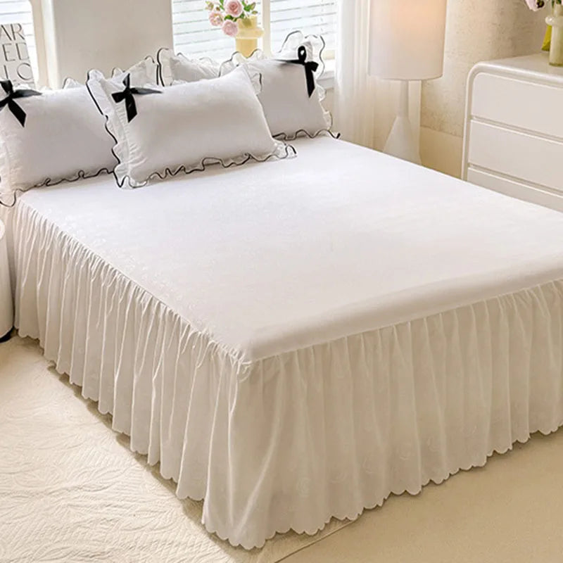 DecorBites™ Lace Bow Bed Skirt Bedding Set in Romantic Solid Color for King Queen Double Sizes
