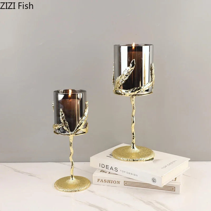 DecorBites™ Golden Branches Candle Holders Metal Glass Candlestick Aroma Container