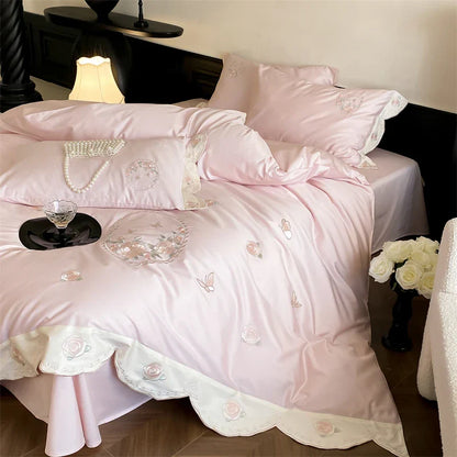 Decobites Rose Butterfly Embroidery Curved Edge Bedding Set: Duvet Cover, Sheet Set, Pillowcases