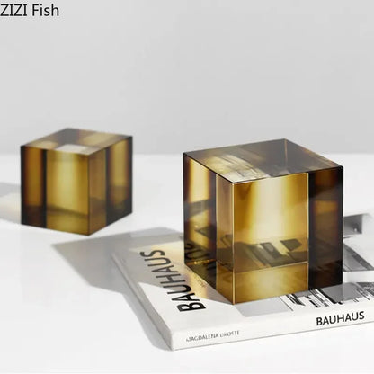 DecorBites™ Adornos de Cubo de Cristal Escultura de Vidrio Transparente Decoración de Escritorio Cuadrado con Grada Geométrica