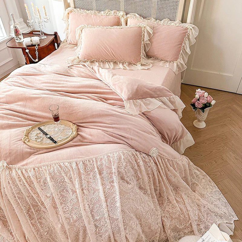Juego de cama de boda estilo princesa con volantes de encaje francés DecorBites™, incluye funda nórdica de terciopelo polar