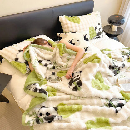 DecorBites™ Cartoon Printed Faux Rabbit Plush Thick Blanket for Office Nap and Sofa Warmth