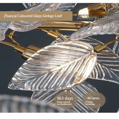 Lámpara de araña de cristal con forma de hoja de ginkgo DecorBites™ - Elegante lámpara colgante LED para comedor y sala de estar