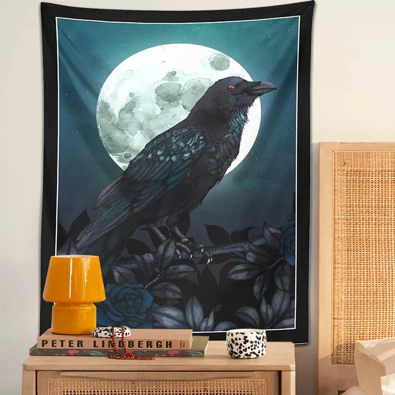 Decobites Raven & Moon Gothic Tapestry Wall Hanging for Dark Rose Bird Lover Room