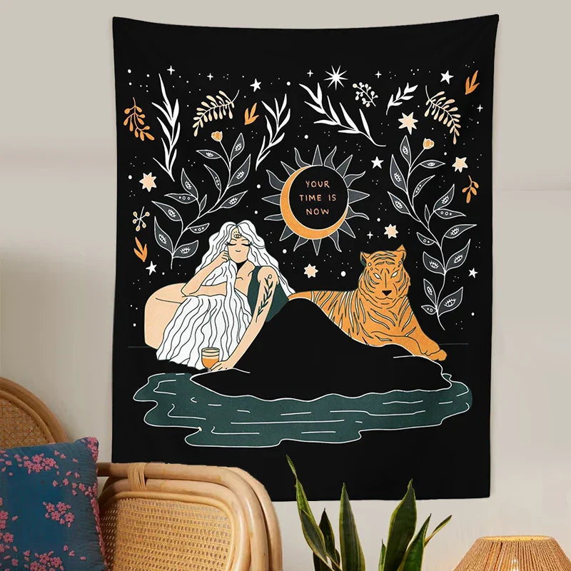 Decobites Tiger Woman Tapestry Wall Hanging Psychedelic Starry Sky Wall Decor