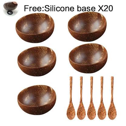DecorBites™ Coconut Bowl Set with Wooden Spoon: Natural Handmade Tableware for Desserts, Fruits, Salads