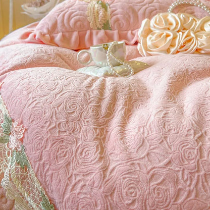 Decobites Pink Flowers Lace Ruffles Princess Velvet Bedding Set